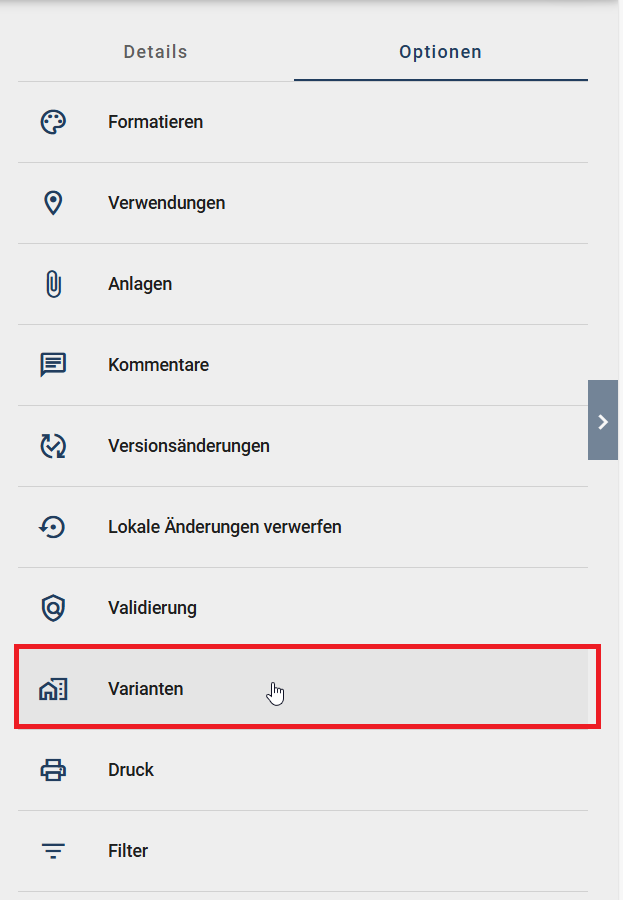 Der Screenshot zeigt die Option "Varianten" für den Variantenvergleich.