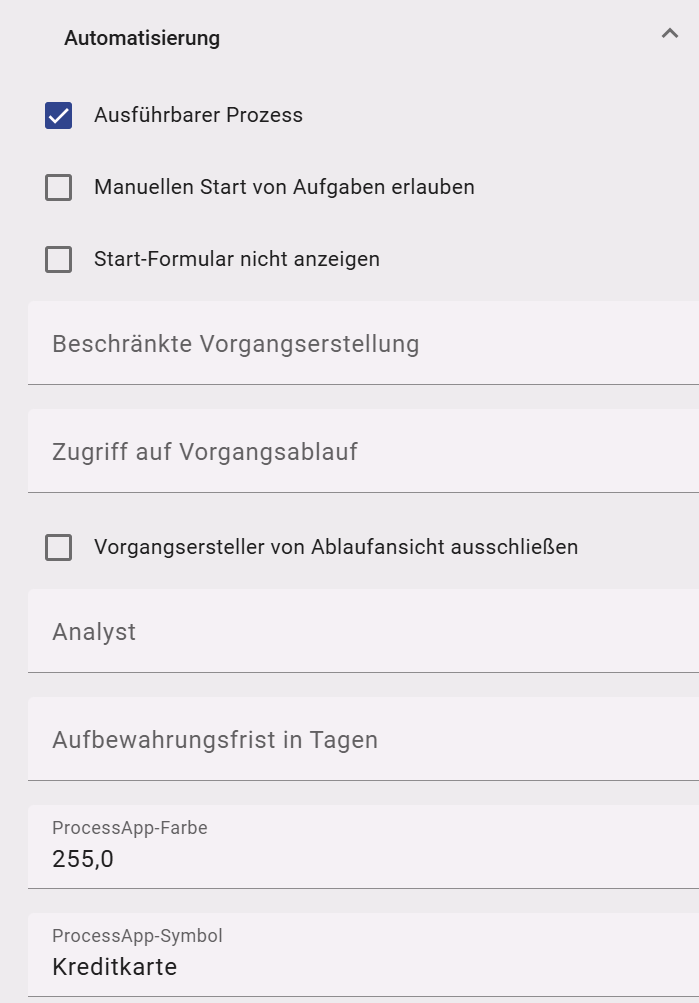 Der hier aufgeführte Screenshot zeigt ein Beispiel für die Attribute "ProcessApp-Farbe" und "ProcessApp-Symbol".