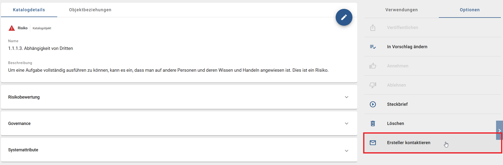 Der Screenshot zeigt die Option "Ersteller kontaktieren" in der Registerkarte "Optionen" eines Katalogeintrags.