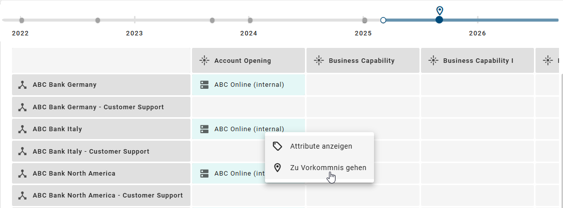 Der Screenshot zeigt die Option, direkt zum Kontext eines angezeigten Hauptobjekts im Raster zu navigieren.