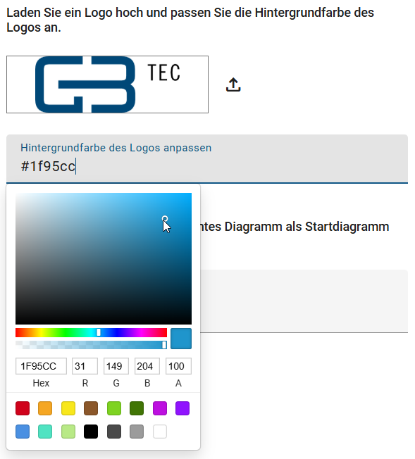 Der Screenshot zeigt die Möglichkeit, die Hintergrundfarbe für das Unternehmenslogo anzupassen.