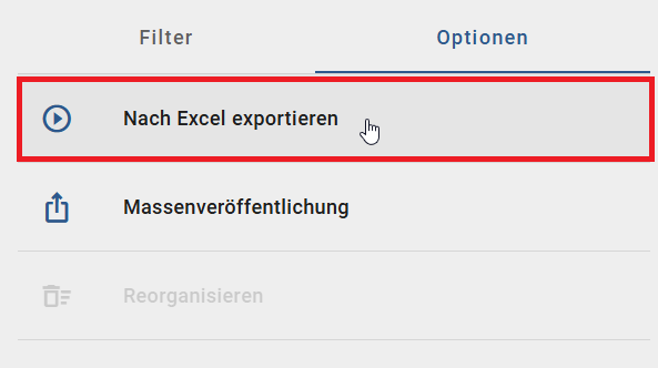 Dieser Screenshot zeigt die Option "Nach Excel exportieren" der Registerkarte "Optionen" im Katalog.