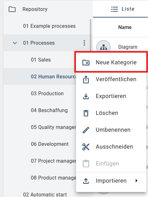 Der Screenshot zeigt die Option "Neue Kategorie".