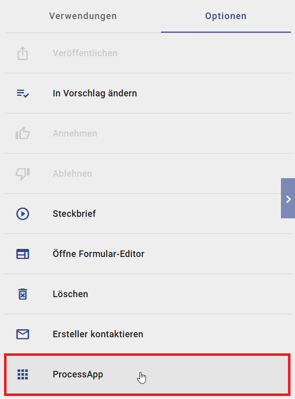 Der Screenshot zeigt die neue Option einen Vorgang im Katalog zu starten, nachdem eine veröffentlichte ProcessApp dem Katalogobjekttyp verlinkt wurde.
