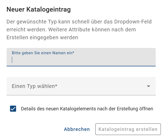 Dieser Screenshot zeigt das Dialogfenster zur Auswahl des Typs für den neuen Katalogeintrag.