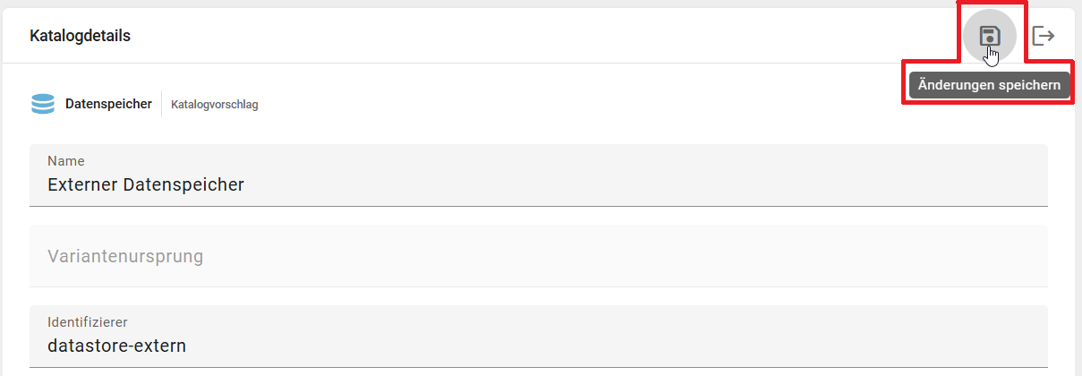 Dieser Screenshot zeigt Speichern der neu gesetzten Attribute in den Details des neuen Katalogeintrags.