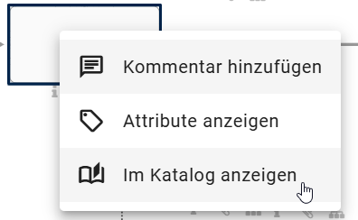 Der Screenshot zeigt die Option "Im Katalog anzeigen" im Kontextmenü eines Objekts in einem eingecheckten Diagramm.