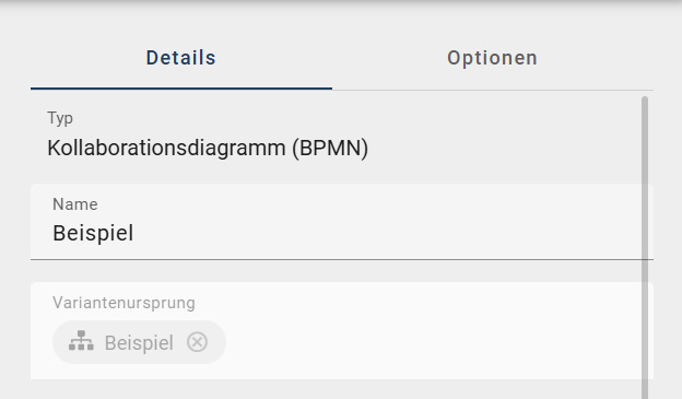 Der Screenshot zeigt das Attribut "Variantenursprung" in den Details eines Diagramms.