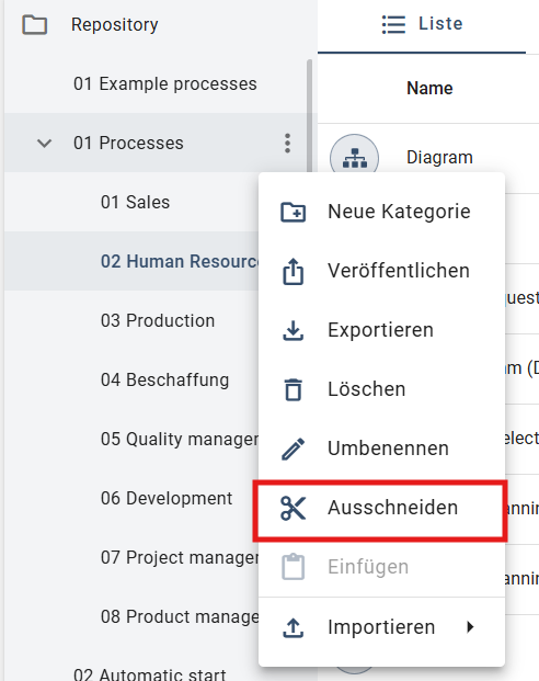 Der Screenshot zeigt die Option "Ausschneiden" im Kontextmenü im Kategorie-Explorer.