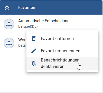 Der Screenshot zeigt die Option "Benachrichtigungen deaktivieren" im Kontextmenü des persönlichen Diagrammfavoriten.