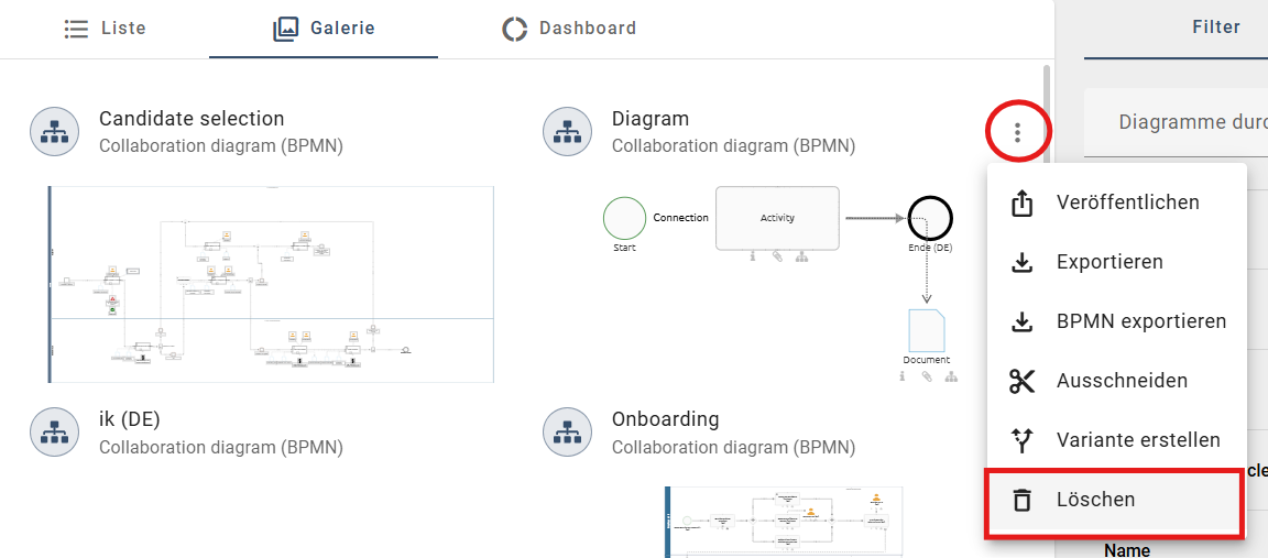Der Screenshot zeigt die Möglihckeit des Löschens in der Galerie.