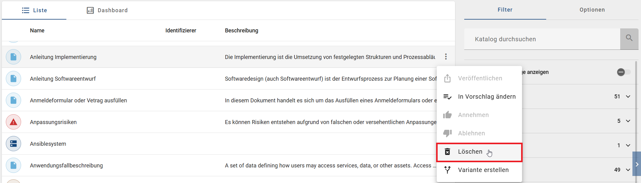 Hier ist das Kontextmenü eines Katalogeintrags mit der Option "Löschen" dargestellt.
