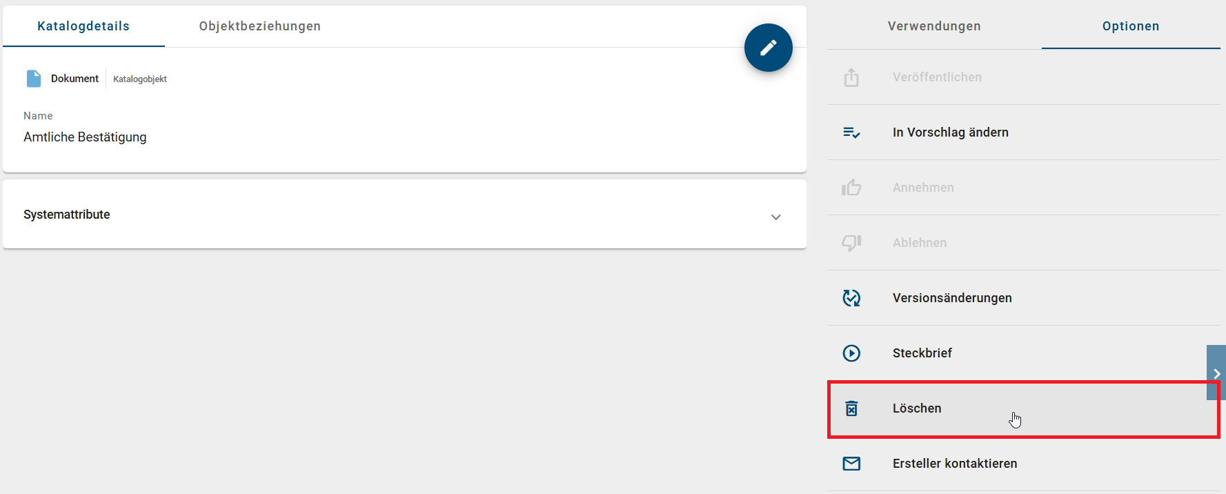 Hier ist die Option "Löschen" in der Seitenleiste der Detailansicht eines Katalogeintrags abgebildet.