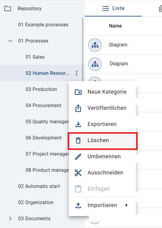 Der Screenshot zeigt die Option "Löschen" für eine ausgewählte Kategorie.