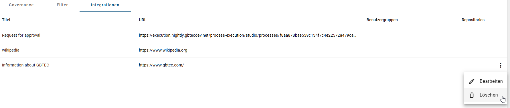 Der Screenshot zeigt die Schaltfläche "Löschen", mit der Sie eine Integration entfernen können.