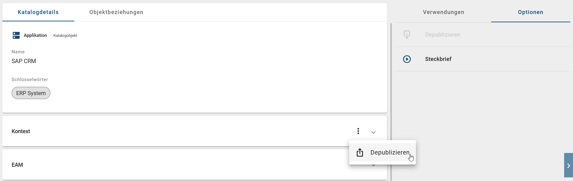 Der Screenshot zeigt die Option einen vorhanden Kontext zu depublizieren.