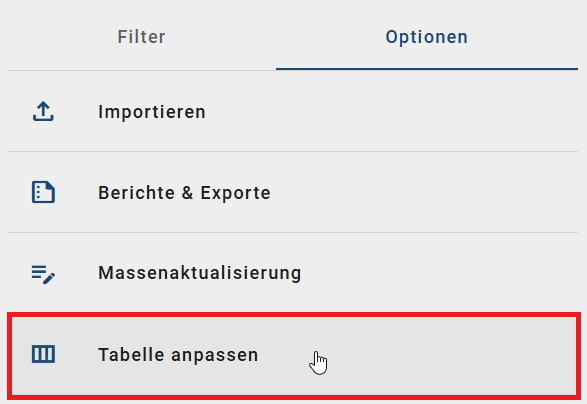 Der Screenshot zeigt die Schaltfläche "Tabelle anpassen" in der Registerkarte "Optionen" in der rechten Seitenleiste der Diagrammliste.
