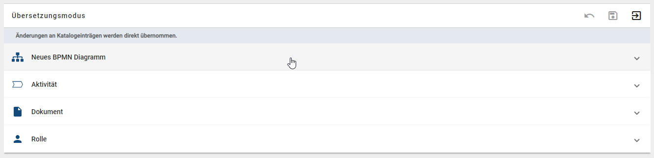 Der Screenshot zeigt die Liste der Diagramm Übersetzung.