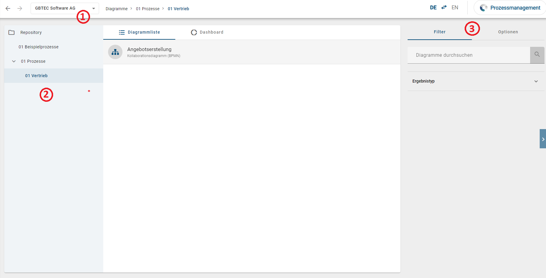 Hier wird der Bereich "Diagramme" in der neuen Benutzeroberfläche angezeigt.