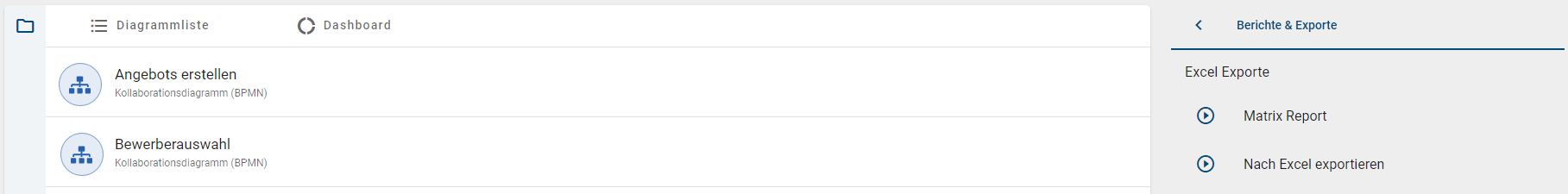 Der Screenshot zeigt die Exportmöglichkeiten in den Optionen des Menübereichs "Diagramme".