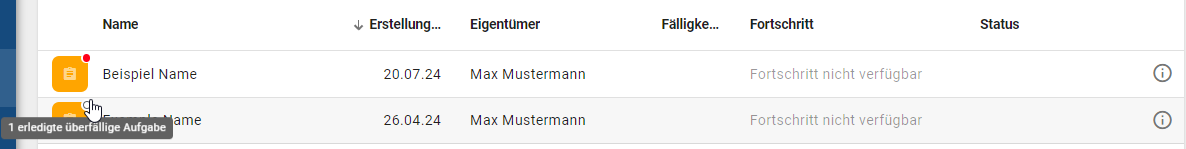 Der Screenshot zeigt einen Eintrag der Vorgangsliste mit rot hervorgehobenem Fortschritt.