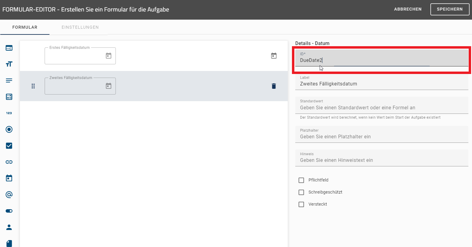 Der Screenshot zeigt den Formular Editor mit der deklarierten Datumsfeld-ID.