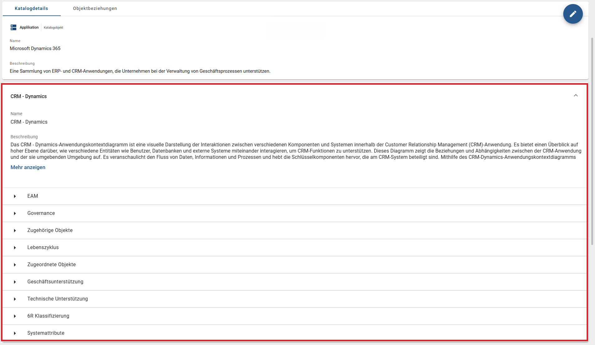 Der Screenshot zeigt die erweiterte Attributgruppe für ein Kontextdiagramm, in welchem das Katalogobjekt als Kontextreferenz hinterlegt wurde.