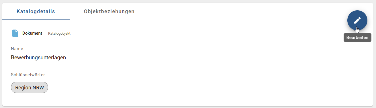 Der Screenshot zeigt die Details eines Katalogeintrags mit dem Button "Bearbeiten".