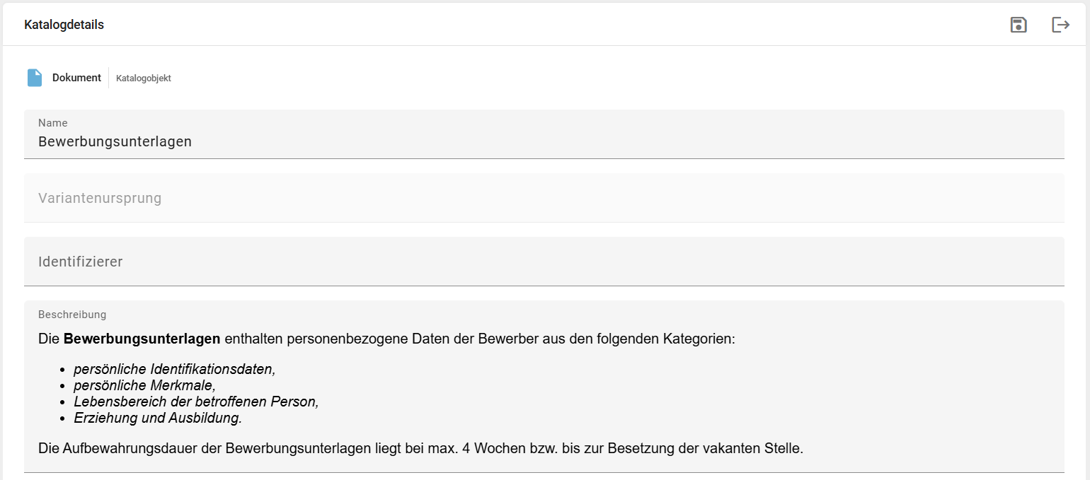 Hier wird die Schaltfläche "Speichern" im Bearbeitungsmodus eines Katalogeintrags gezeigt.