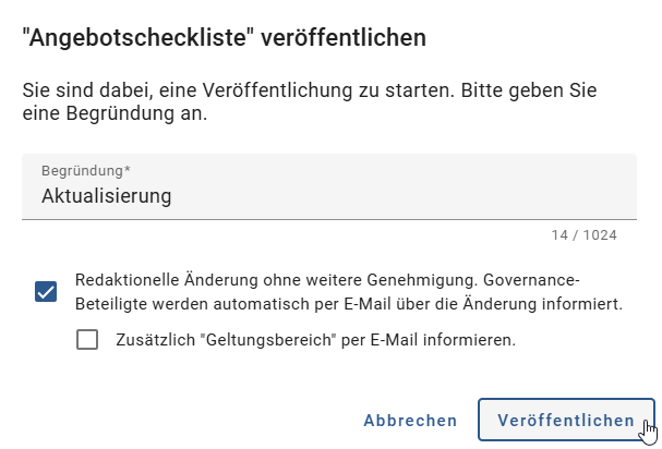 In diesem Screenshot wird der Veröffentlichungsdialog mit der aktivierten redaktionellen Freigabe angezeigt.