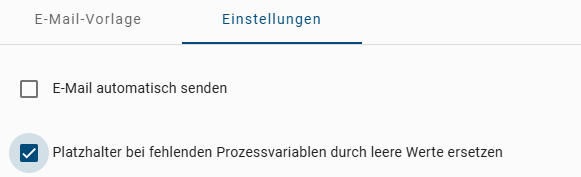 Der Screenshot zeigt den E-Mail-Vorlagen-Editor in BIC Process Design und die Auswahlmöglichkeit *Platzhalter bei fehlenden Prozessvariablen durch leere Werte ersetzen*.