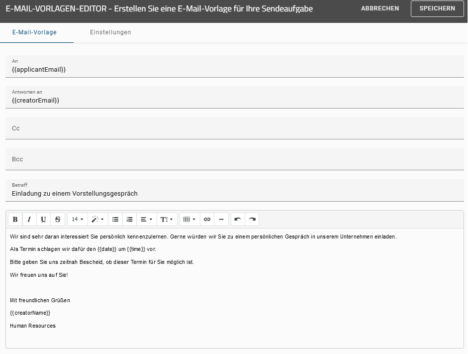 Der Screenshot zeigt den E-Mail-Vorlagen-Editor in BIC Process Design. Im Text-, im "Antworten an"- und im Empfängerfeld sind demonstrativ Prozessvariablen verwendet.