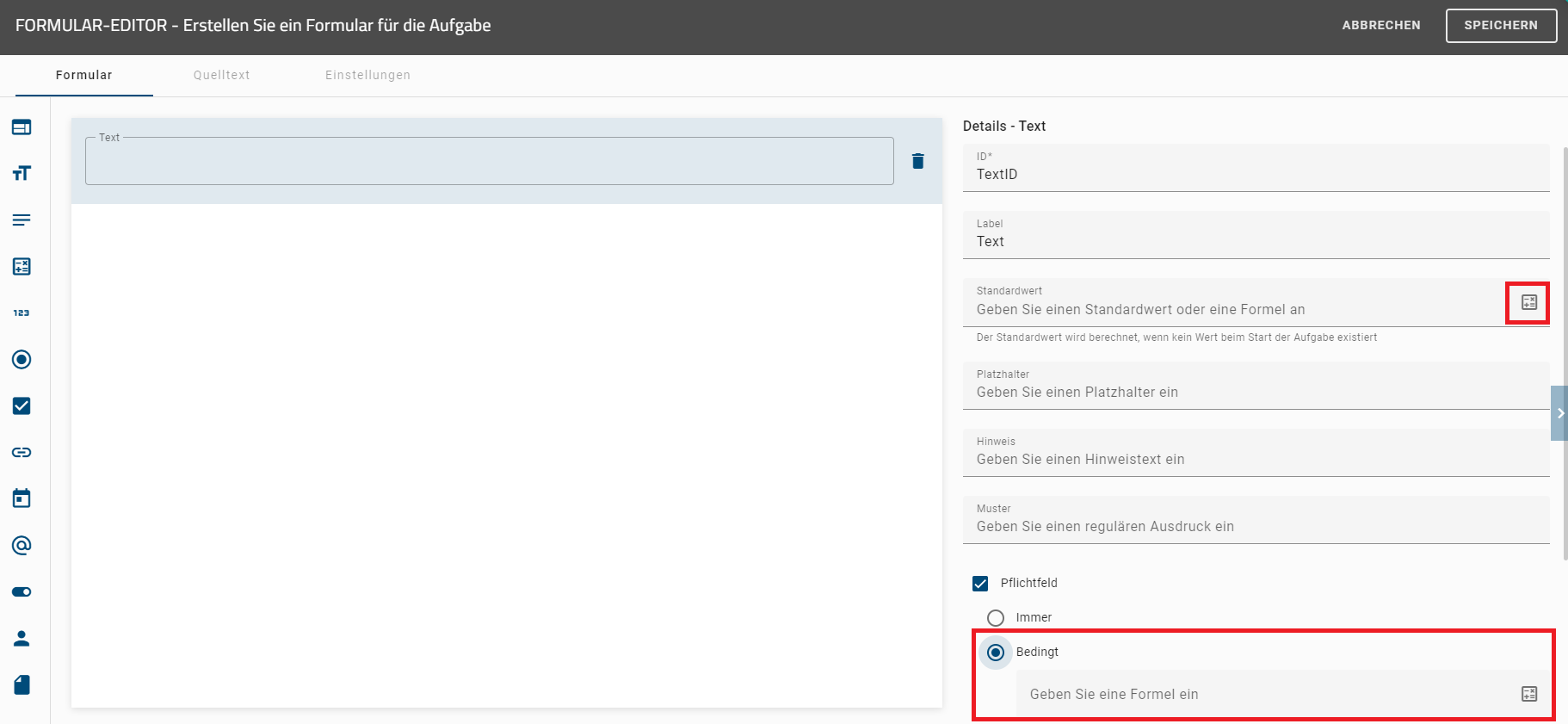 Der Screenshot zeigt das Eingabefeld "Geben Sie einen Standartwert oder eine Formel ein" mit einer Schaltfläche zur Formeleingabe.