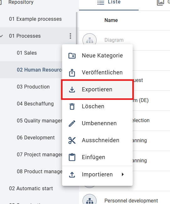 Der Screenshot zeigt die Option "Exportieren" für die ausgewählte Kategorie im Kategoriebaum.