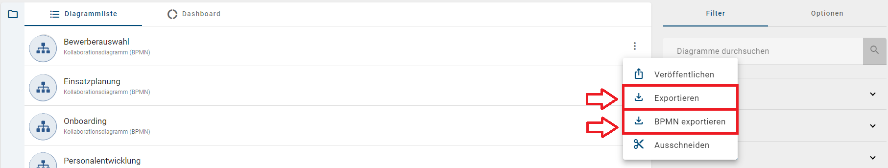 Hier ist das Kontextmenü eines Diagramms mit den Einträgen "Exportieren" und "BPMN exportieren" dargestellt.