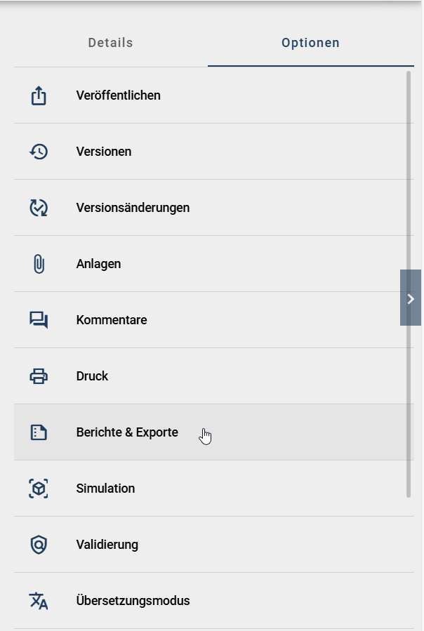 Der Screenshot zeigt die Option "Exporte & Berichte" in der rechten Seitenleiste.