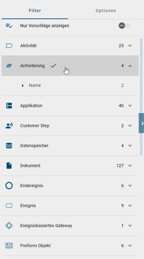 Dieser Screenshot verdeutlicht den Klick auf einen im Explorer aufgelisteten Katalogfilter.