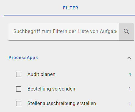 Der Screenshot zeigt die Filteroptionen für ProcessApps.