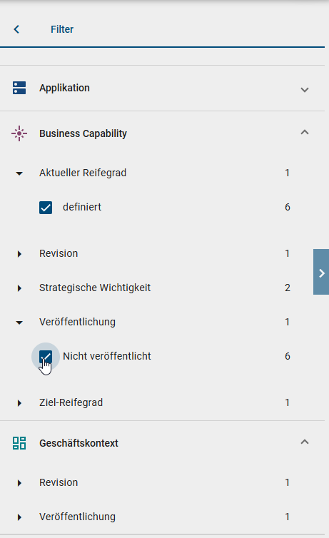 Der Screenshot zeigt die Filter-Optionen in der rechten Seitenleiste innerhalb der Registerkarte "Optionen".