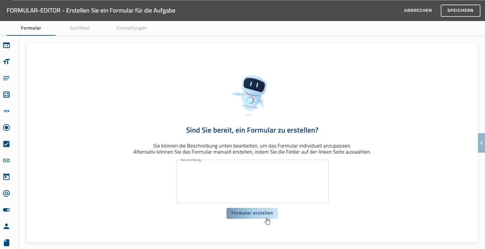 Der Screenshot zeigt die Option "Formular erzeugen" im Formular-Editor für eine Aktivität, wenn Arty aktiviert ist.