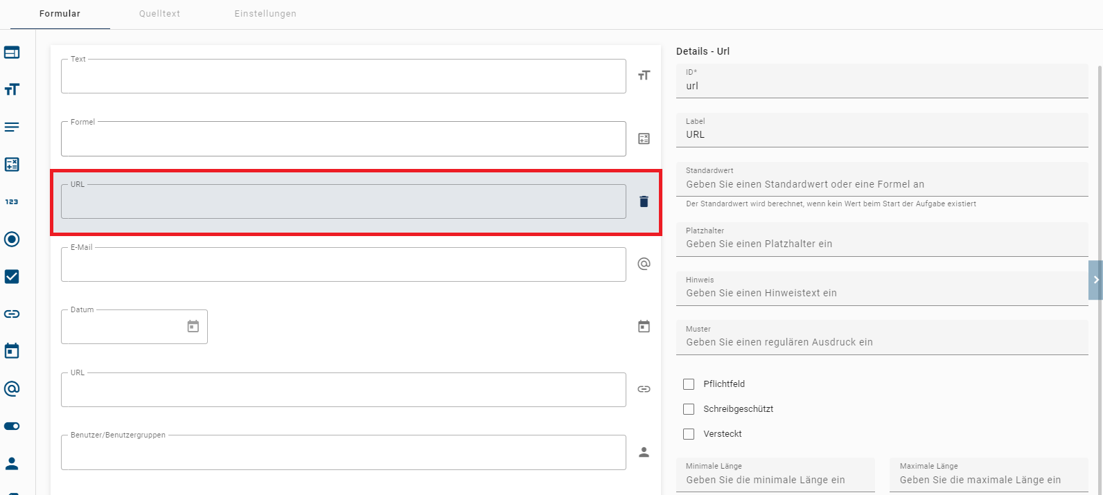 Der hier aufgeführte Screenshot zeigt die Detailübersicht des Formularfelds URL.
