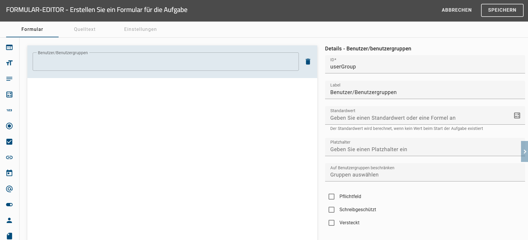 Dieser Screenshot zeigt die Detailübersicht des Formularfelds Benutzer/-gruppe.