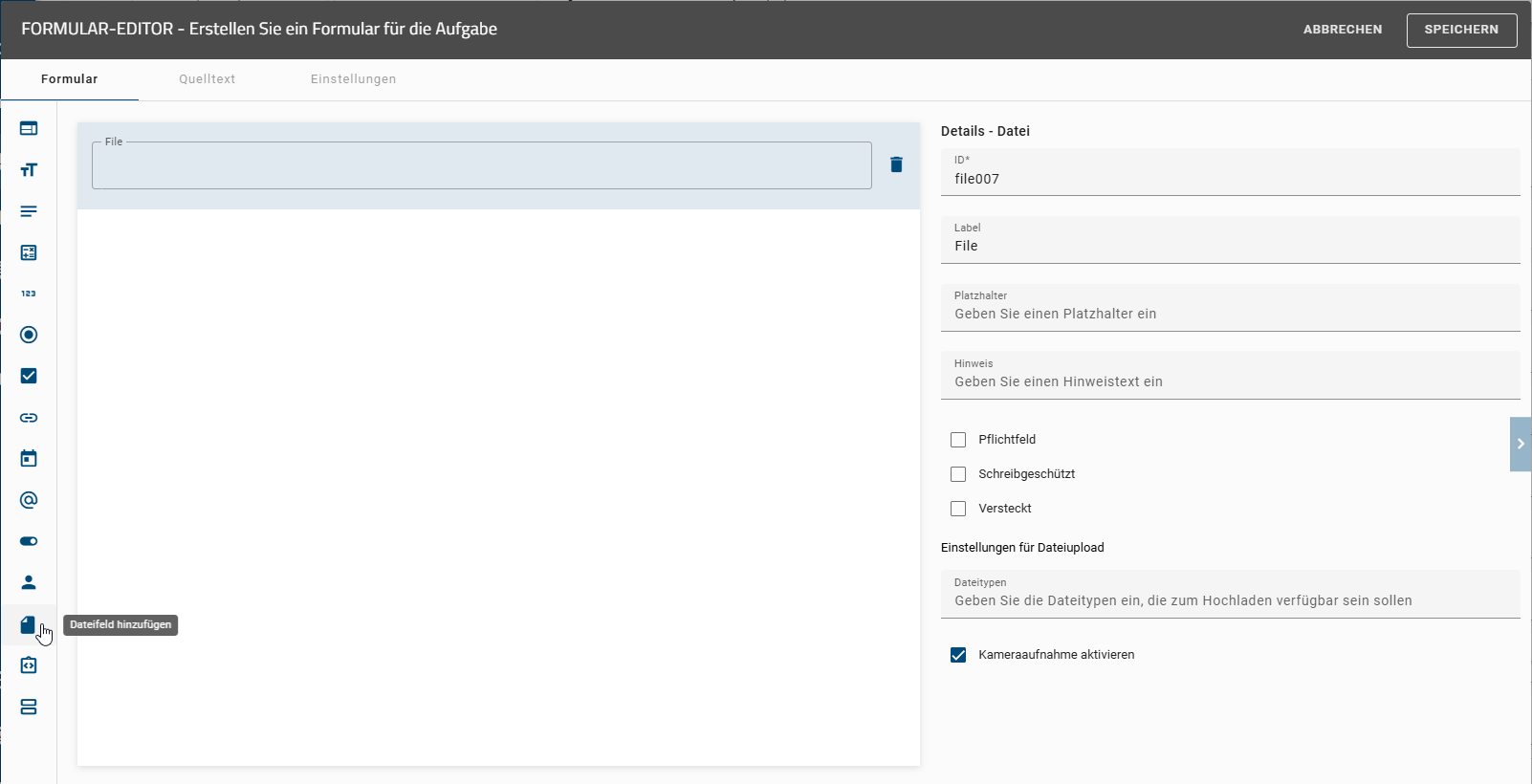 Dieser Screenshot zeigt die Detailübersicht des Formularfelds "Anlage".