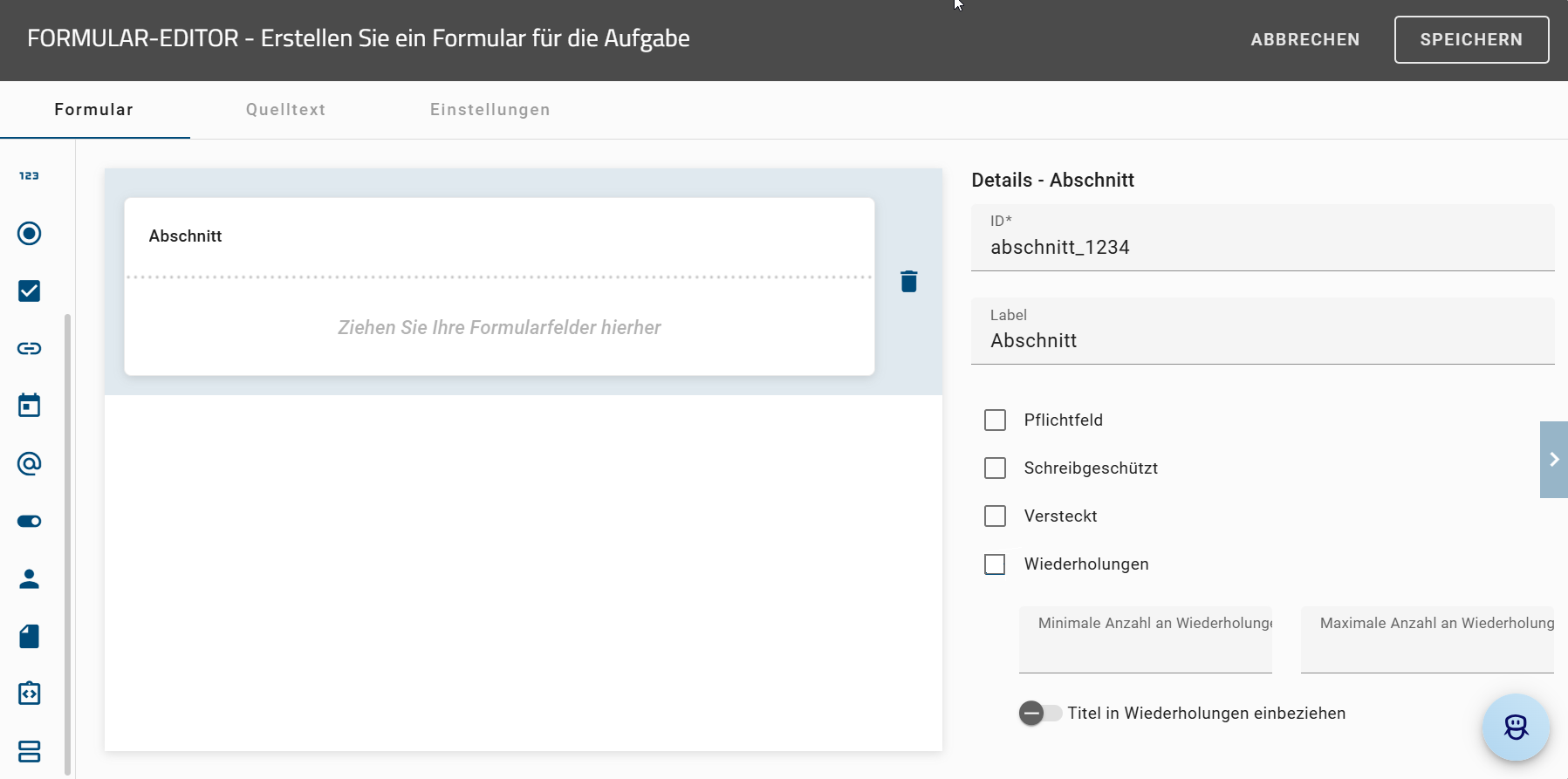 Der Screenshot zeigt die Detailübersicht des Formularfelds "Abschnitt".