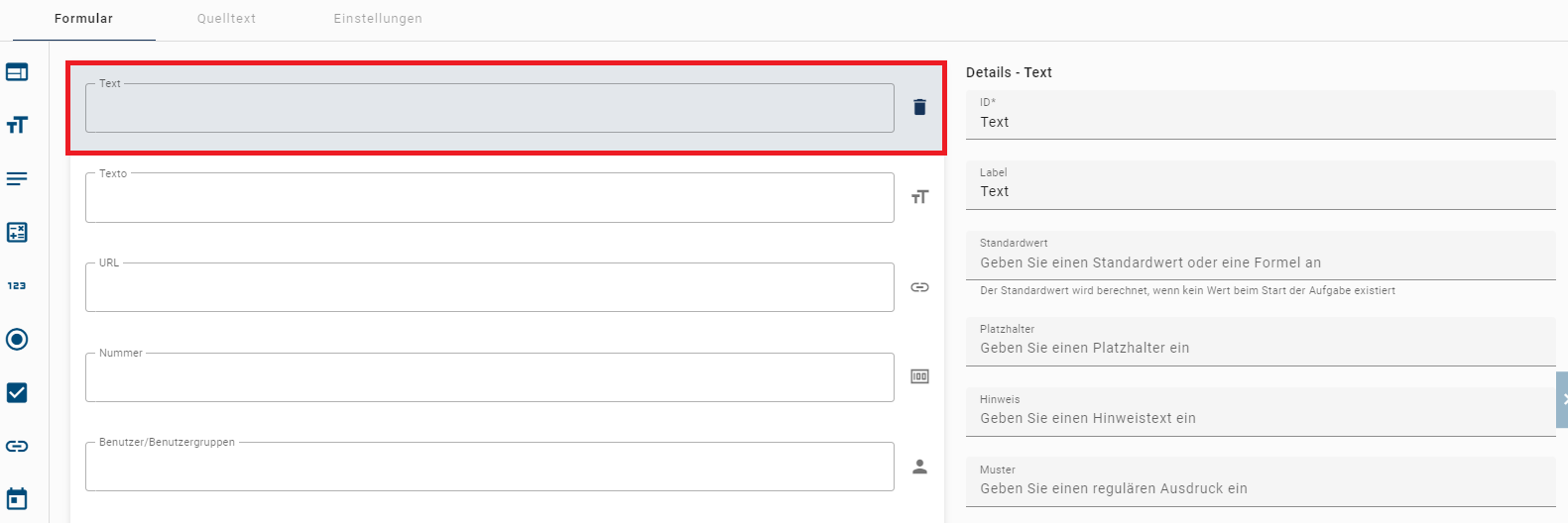 Der hier aufgeführte Screenshot zeigt die Detailübersicht des Formularfelds Text.