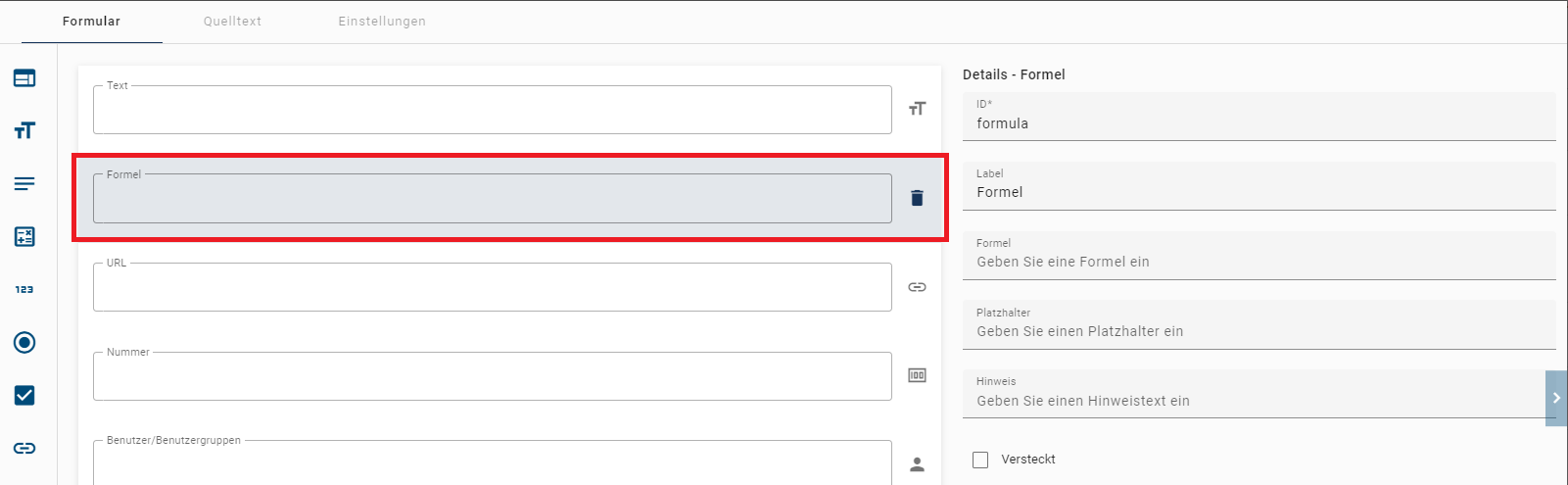 Der hier aufgeführte Screenshot zeigt die Detailübersicht des Formularfelds Formel.