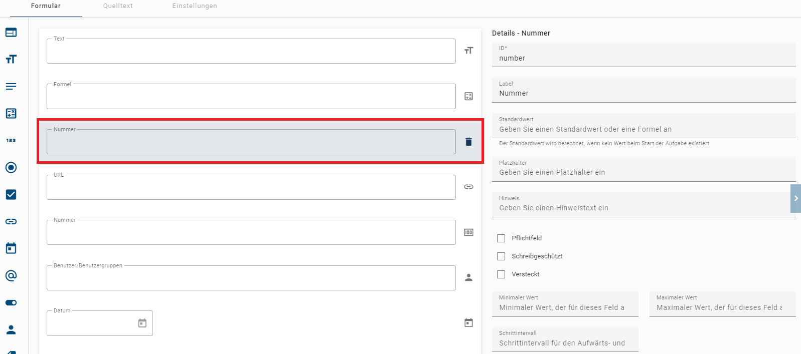 Der hier aufgeführte Screenshot zeigt die Detailübersicht des Formularfelds Nummer.