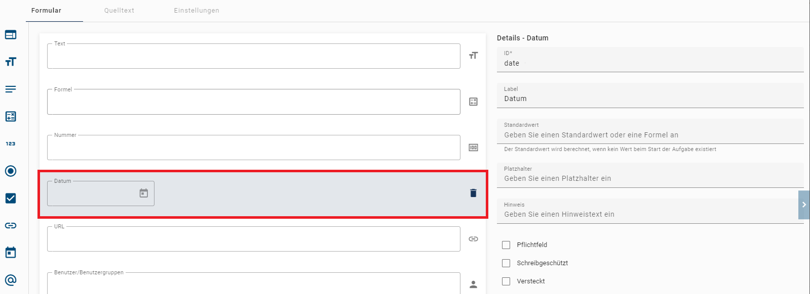 Der hier aufgeführte Screenshot zeigt die Detailübersicht des Formularfelds Datum.
