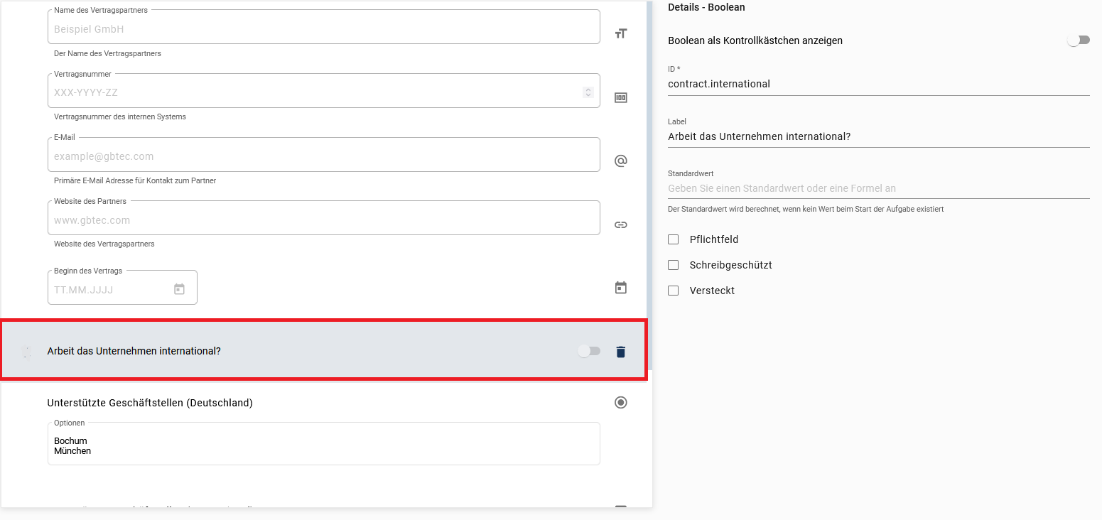 Der hier aufgeführte Screenshot zeigt die Detailübersicht des Formularfelds Boolean.