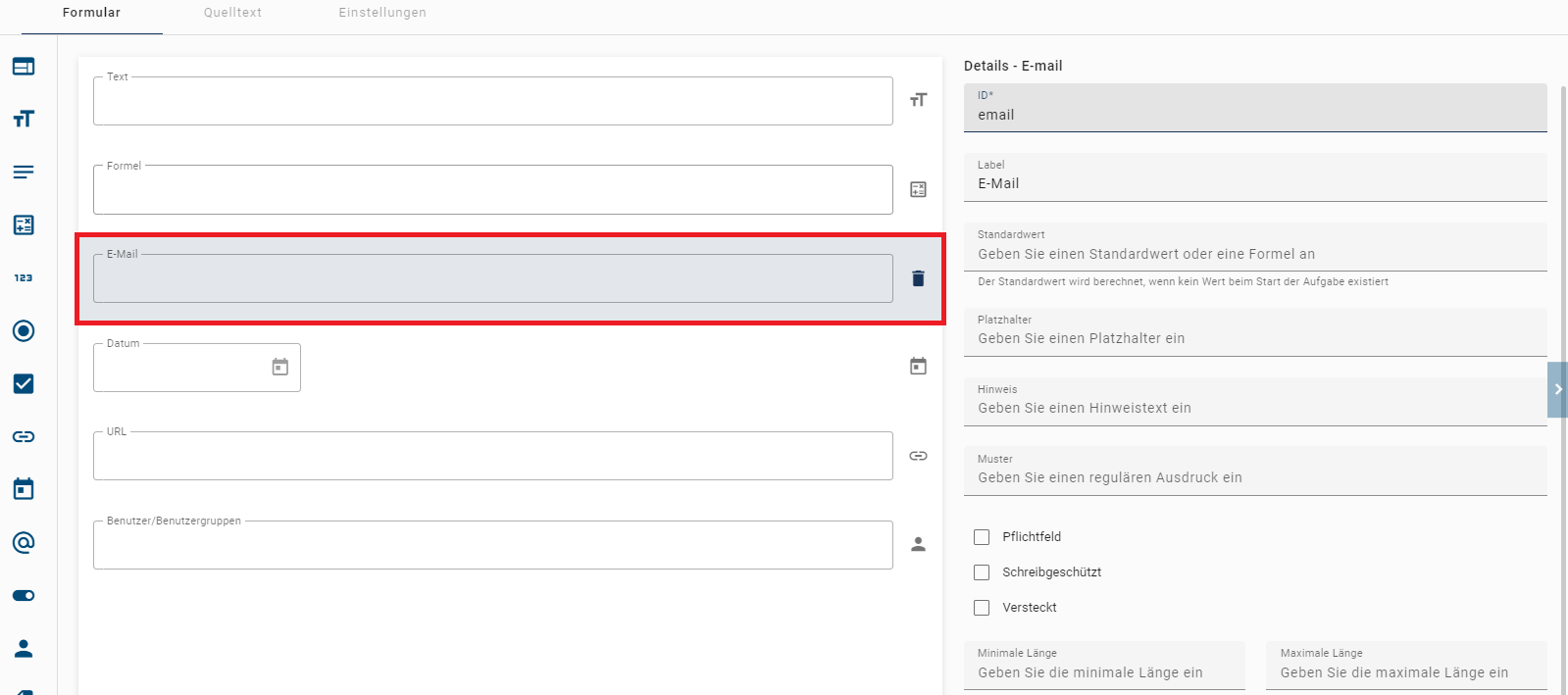 Der hier aufgeführte Screenshot zeigt die Detailübersicht des Formularfelds E-Mail.